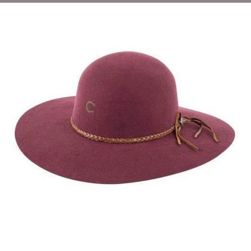 Wide Brim Wool Felt Hat in Plum with Braided Trim